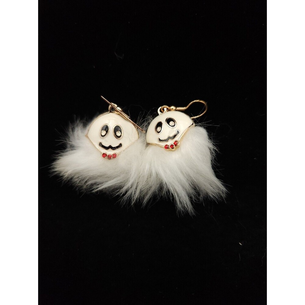 Fun Furry Ghost Pierced Dangle Earrings Halloween Jewelry‎ Gold Tone And White